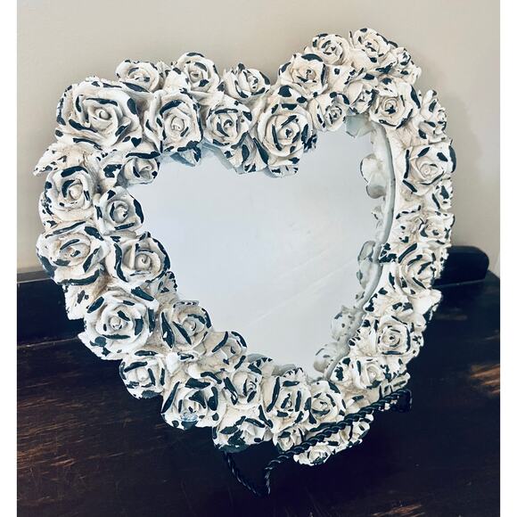 Decoline Heart VTG Wall Mirror Ivory Rose Shabby Cottage Chic Valentines 13”w - Picture 1 of 9